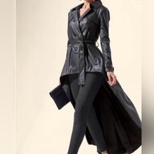 VENUS Black Faux Leather High-Low Trench with Self-Tie Belt